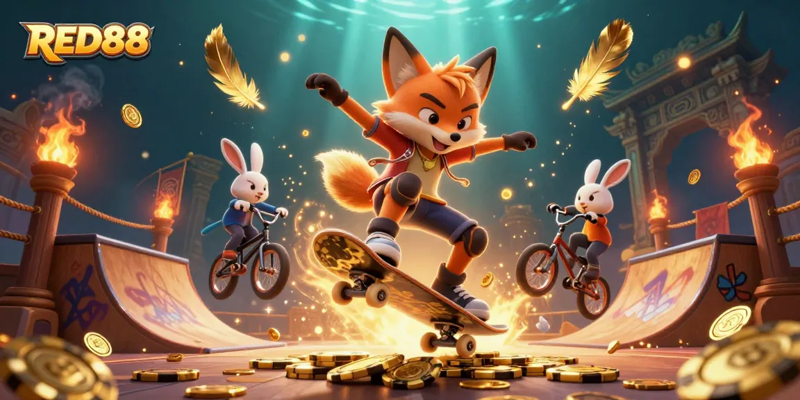 Experience thrilling gaming action with RED88, featuring a skateboarder fox and BMX rabbit in a vibrant casino scene.