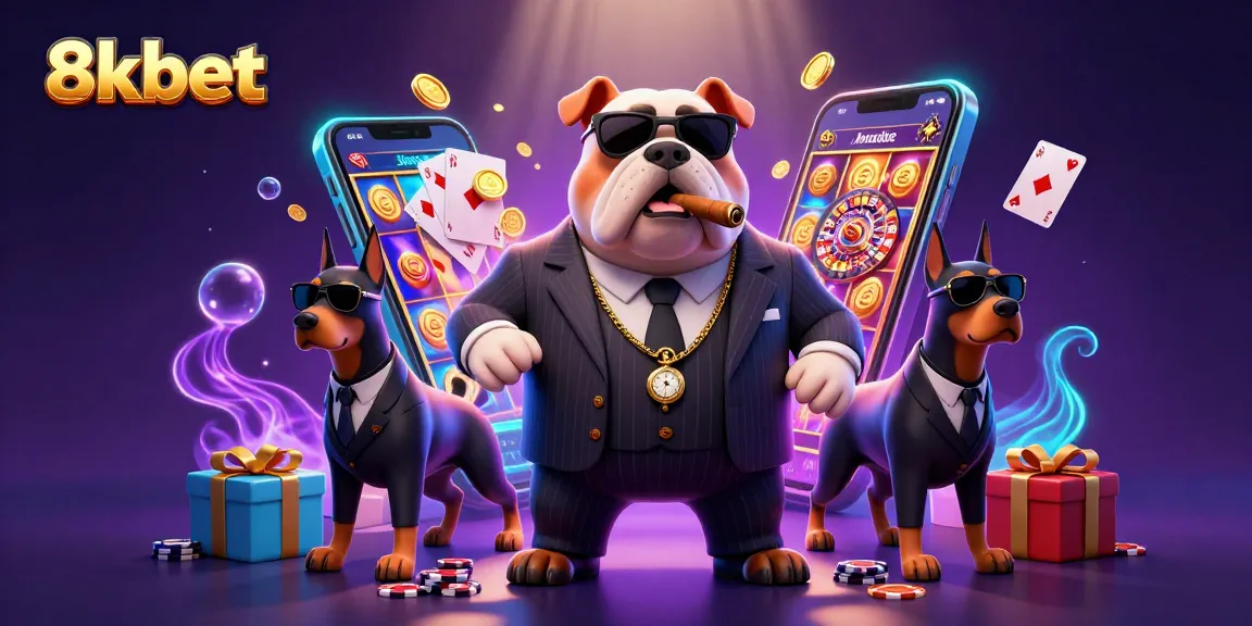 Engaging scene with a cartoon bulldog mafia boss and Doberman bodyguards showcasing exciting 8xbet gaming action.