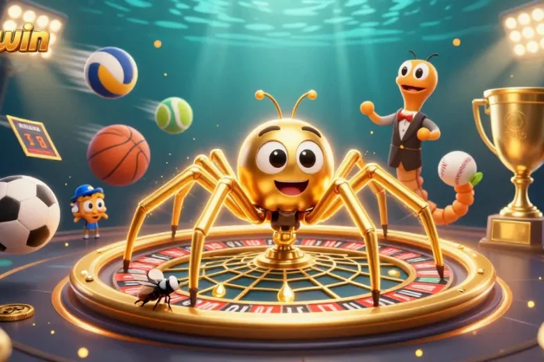 Sunwin captivating gaming experience with a golden spider spinning a roulette web, sports elements flying.