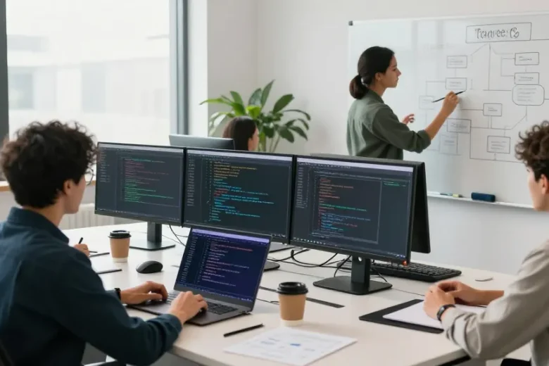Build internal tools with AI in a collaborative tech workspace, featuring diverse developers coding and brainstorming.