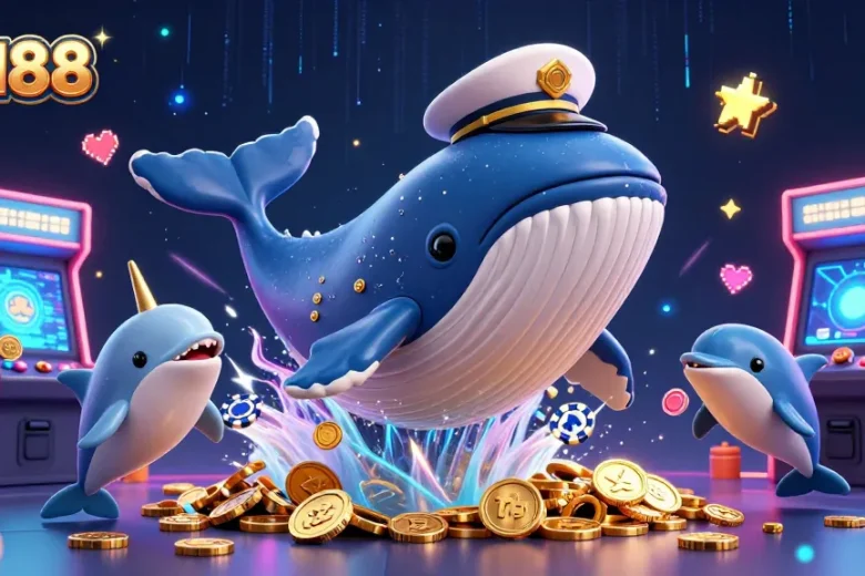 Experience vibrant gaming with QH88 as a giant cartoon whale breaches through coins, surrounded by playful dolphins.